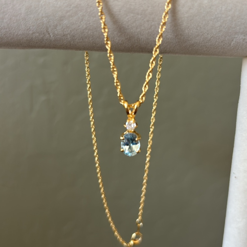 Oval Aquamarine Colored Stone CZ Accent Necklace on Gold Filled Rope Chain NWOT